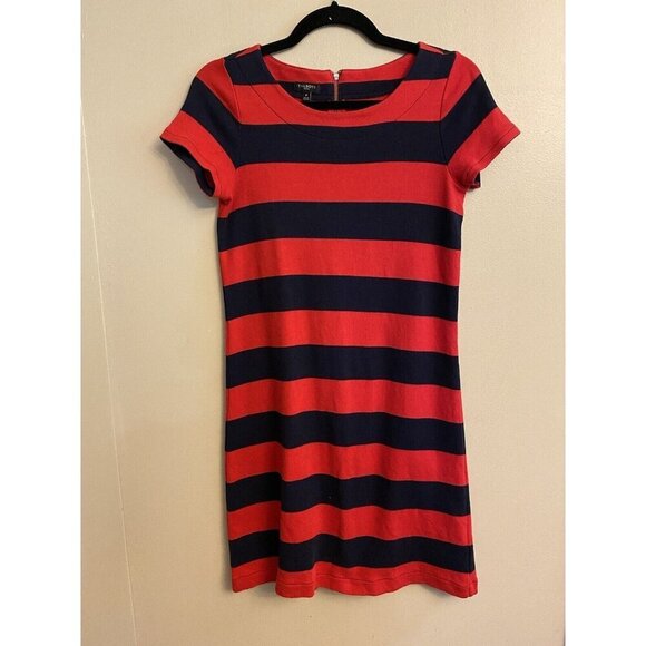 Talbots Petites Dress Size PS Red Navy Striped Short Sleeve 100% Cotton Back Zip - Picture 1 of 11
